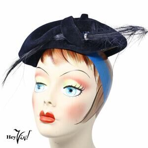 Vintage 40s 50s Tilt Hat Original by Dajon Blue Velvet w Feathers - Hey Viv